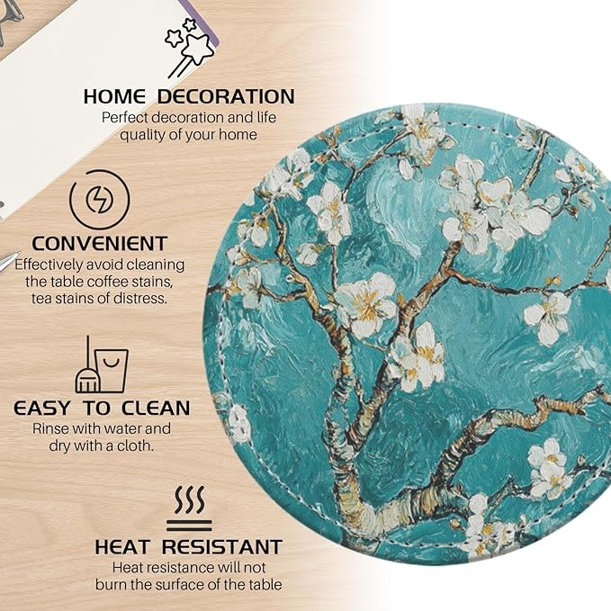 Coasters for Drinks PU Leather,Set of 6 with Holder,Round Housewarming Gift Home Decor,Teal Green Almond Flowers