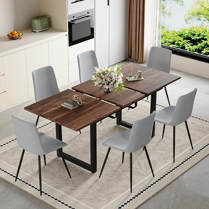 Extendable Dining Table Set for 6, 55"–71" Modern Wood Kitchen Table with 6 Upholstered Chairs, Space-Saving for Living Room Apartment, Sturdy & Comfortable, Easy Assembly