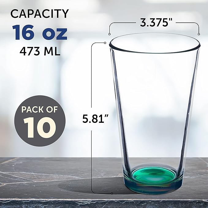 DISCOUNT PROMOS Beer Pint Glasses 16 oz. Set of 10, Bulk Pack - Heavy Duty Glassware for Restaurant, Thick Base and Walls, Stackable - Green
