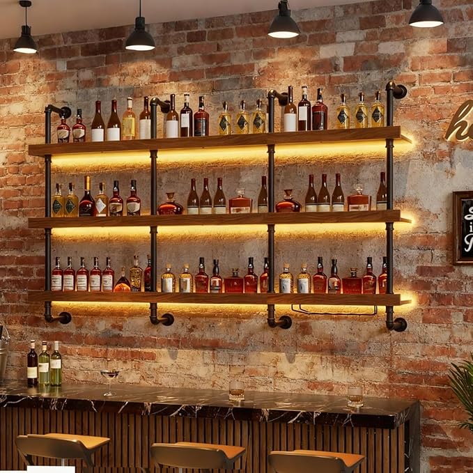 Large Wine Rack with LED Light Solid Wood Wall Mounted Wine Rack, 3-Tiers Liquor Bottles Floating Shelves Display Storage Organizer for Home Bar & Dining Room (120cm/47.2in)