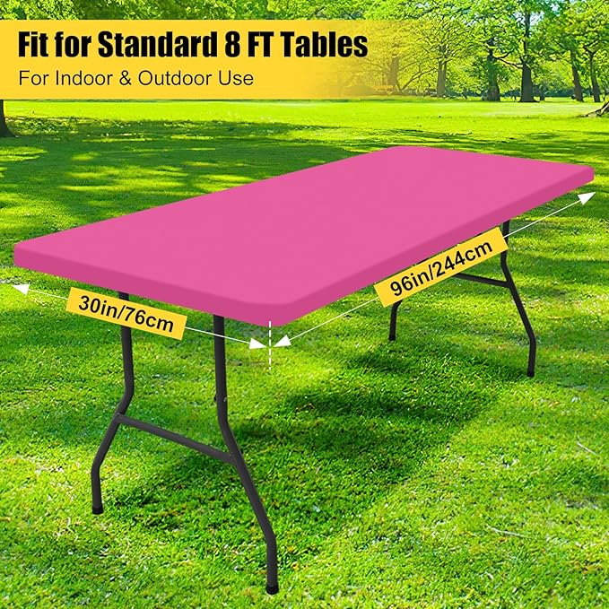 Smiry Rectangle Picnic Table Cloth, Waterproof Elastic Fitted Tablecloths for 8 Foot Tables, Washable Polyester Table Cover for Camping, Indoor and Outdoor (Rose Pink, 30"x96")