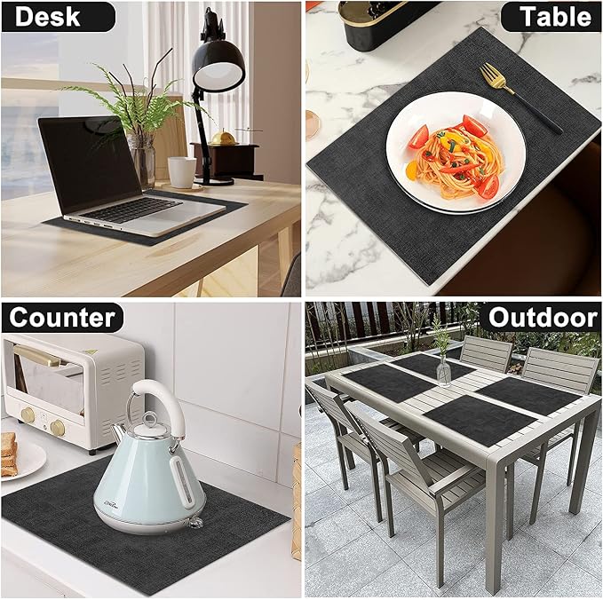 Leather Heat Resistant Placemats Set of 6 Waterproof Wipeable Washable PU Table Mats,Easy to Clean Anti-Slip Place Mats (Dark Grey, 6)