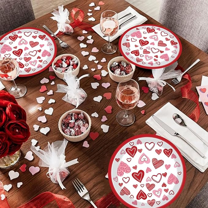 24Pcs Valentines Paper Plates Red Lovely Heart Love Dessert Disposable Paper Plates for Engagements Weddings Anniversary Birthday Tableware Party Supplies Decorations