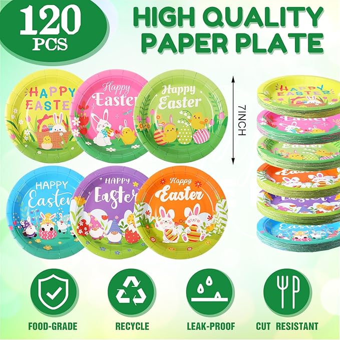 Umigy 120 Pieces Happy Easter Paper Plates Bulk 7 Inch Bunny Eggs Disposable Easter Party Spring Holiday Dinnerware Decorative Flower Dinner Plates for Spring Party Supplies, 6 Styles