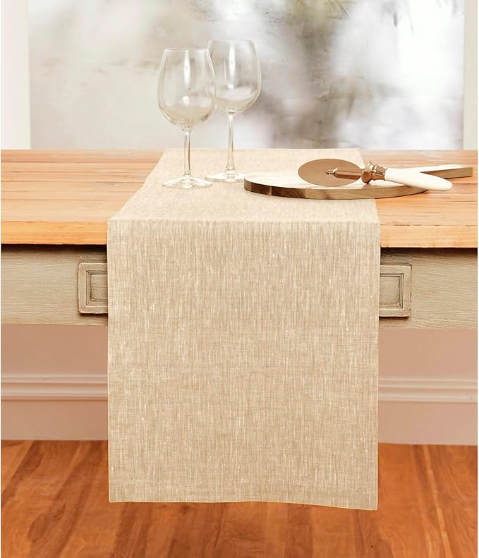 Solino Home Linen Champagne Beige Table Runner 120 Inches Long - Athena, 100% Pure Linen Dining Table Runner 14 x 120 Inch for Spring, Easter