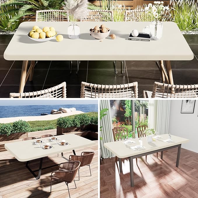 Smiry Rectangle Tablecloth, Elastic Fitted Flannel Backed Vinyl Tablecloths for 5ft Folding Tables, Waterproof Wipeable Table Covers for Indoor, Outdoor, Picnic and Camping (Beige, 36"x60")