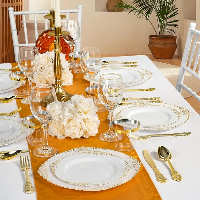 700PCS Gold Plastic Plates for 100 Guests, Disposable Dinnerware Sets Include 200 Gold Rim Plastic Plates, 100 Silverwares, 100 Cups, and 100 Pre Rolled Napkins for Party, Wedding, Graduation