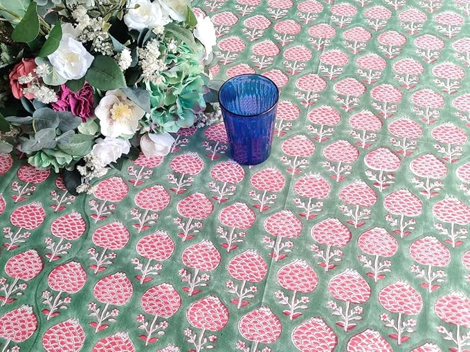 ATOSII Roma Green 100% Cotton Square Summer Tablecloth, Block Print Floral Table Cloth for Dining, Parties Wedding Outdoors I Grand Millenial Decor 60 X 60 Inches I 4 Seater I