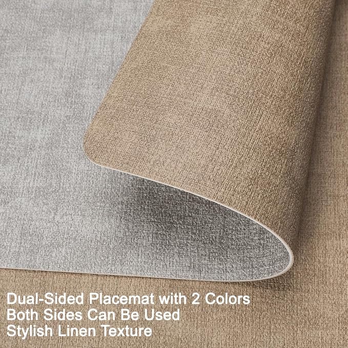 Myir JUN Reversible Vinyl Placemats Set of 4, Faux Leather Place Mats Dual Sided Waterproof Oilproof Wipeable, Heat-Resistant Table Mats for Kitchen Dining Indoor Outdoor (12" x 17", Light Gray Beige)