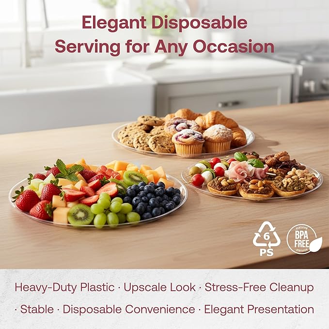 Smarty Had A Party 12 Inch Clear Round Plastic Serving Tray – Elegant Party Platters for Serving Food, Heavy-Duty Disposable Plastic Serving Trays for Catering, Weddings & Events – Set of 25