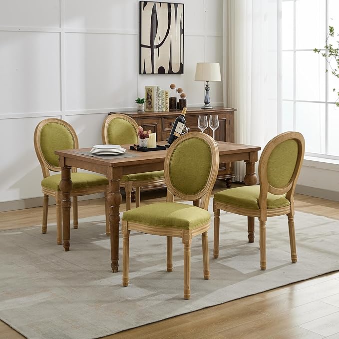 Vintage French Dining Chairs Set of 6, Round Back Upholstered Accent Chairs in Linen Fabric with Solid Wood Frame, Farmhouse Sillas de Comedor for Dining Room & Kitchen, Olive Green