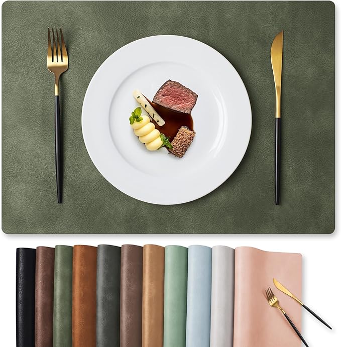 MOSAYT Vinyl Placemats Set of 8-12 X 17 Inch - Faux Leather 100% Waterproof Oil-Proof Wipeable PU Place Mats, Heat Resistant Reversible Table Mats for Kitchen, Dining, Outdoor (Olive Green)