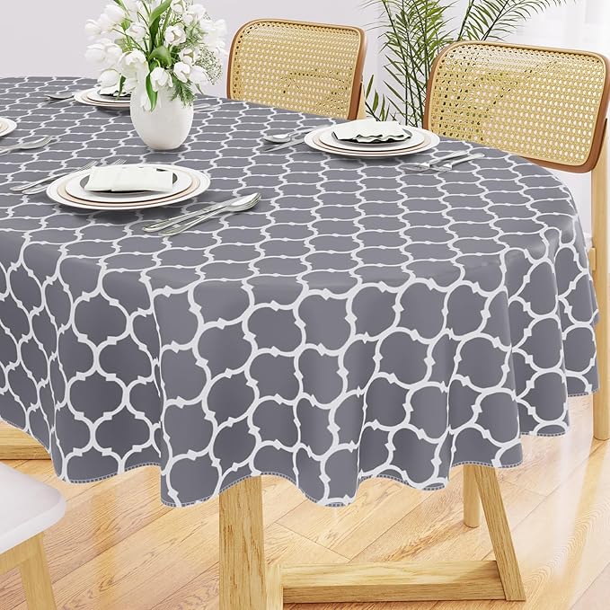 Smiry Oval Table Cloth, Waterproof Vinyl Tablecloths with Flannel Backing for Oval Tables, Wipeable Spillproof Plastic Tablecloth for Dining, Camping, Indoor and Outdoor (60"x84", Grey)