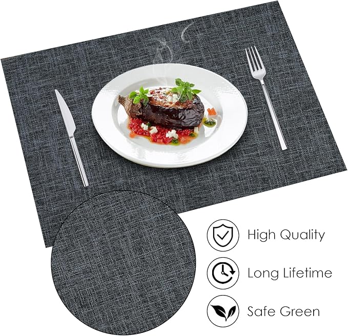 Cloth Placemats Set of 8, Linen Type Fabric Placemats Black Table Mat Set of 8, Machine Washable Rustic Place Mats Heat Resistant Placemats Thick Polyester Kitchen Place Mats for Dining Table