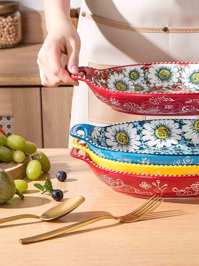 Henten Home Pasta Bowls with Handle, 32 oz Porcelain Salad Bowls Set of 4, Ceramic Colorful Serving Dishes for Dinner, Vegtable, Fruit, Microwave & Dishwasher Safe