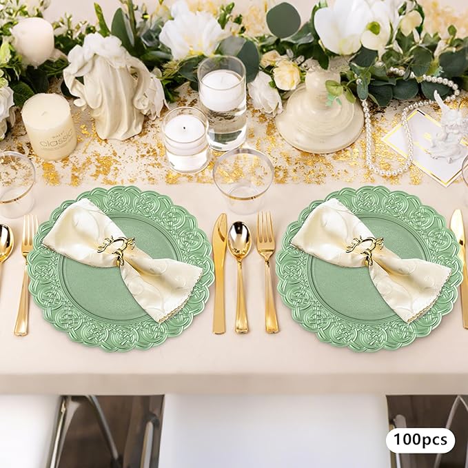 100 Pcs Antique Charger Plates Bulk, 13in Reusable Serving Plates Embossed Rim Plastic Party Dinner Plate Chargers Round Decorative Server Plate for Wedding Party Event Tableware
