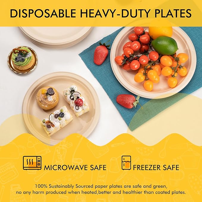 RACETOP Compostable Paper Plates 9 Inch [125 Pack], Disposable Biodegradable Heavy Duty Paper Plates, Made of Natural Sugarcane Fibers, Unbleached Brown, Round