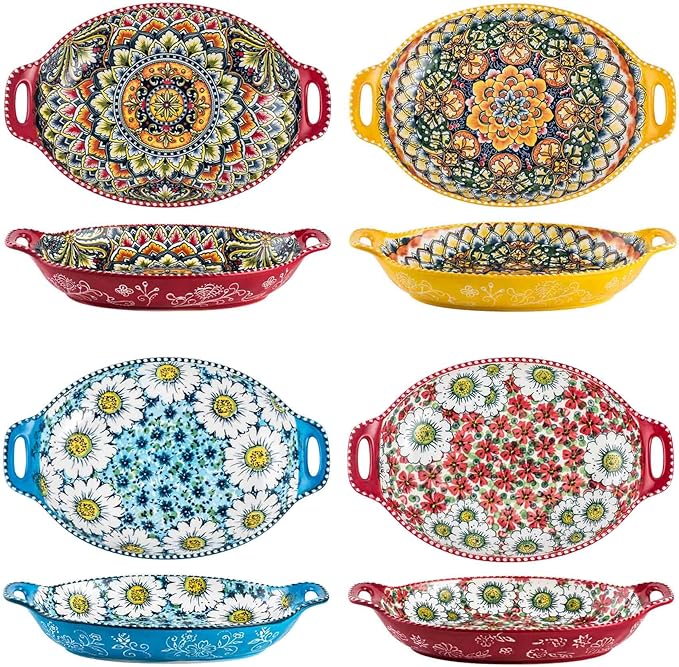 Henten Home Pasta Bowls with Handle, 32 oz Porcelain Salad Bowls Set of 4, Ceramic Colorful Serving Dishes for Dinner, Vegtable, Fruit, Microwave & Dishwasher Safe
