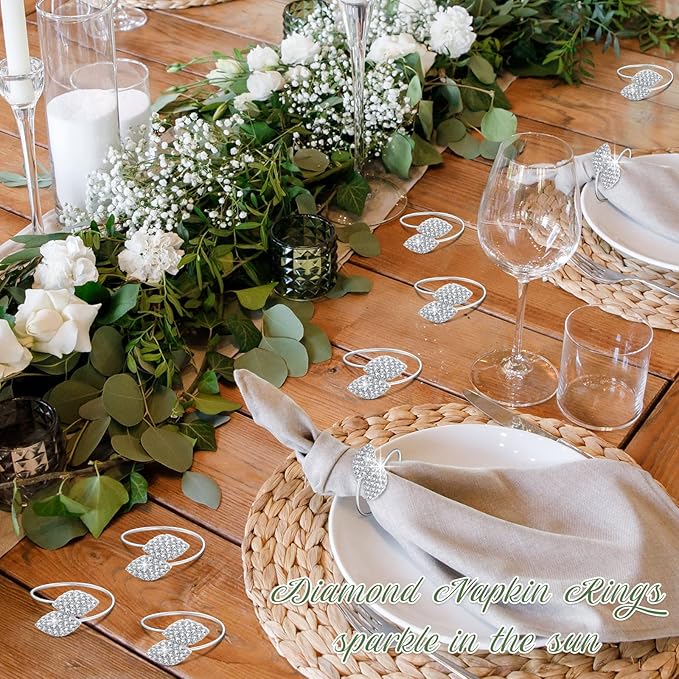 Hotop 300 Pcs Silver Holiday Napkin Rings Set Silver Bling Winter Napkin Rings Bulk Metal Leaves Holders Rhinestone Buckle for Wedding Christmas Dinner Gather Party Prom Table Decoration