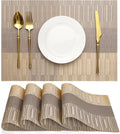 Placemats Set of 4, Vinyl Woven Place Mats Indoor Set of 4 Washable Wipeable PVC Table Mats Heat-Resistant Non Slip Plastic Placemat for Kitchen Dining Outdoor Table (Gray Gold, Set of 4)
