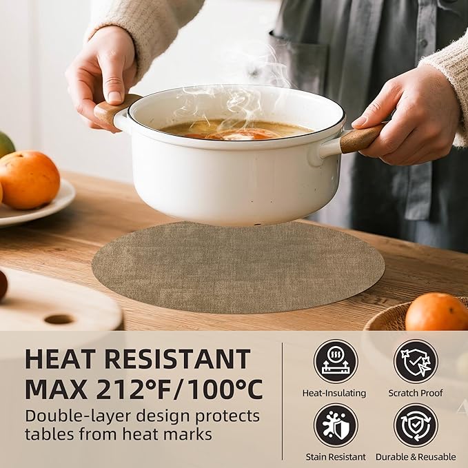 15 inch Faux Leather Round Placemats Set of 6 Non-Slip Washable Wipeable Table Mats, Heat Resistant Waterproof Oilproof Light Coffee Place Mats for Kitchen, Dining, Party, Indoor, Outdoor