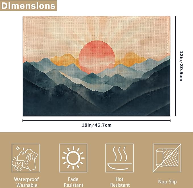 Tropical Landscape Placemats Set of 6,Palm Trees Sunset Seascape Exotic Linen Washable Kitchen Dining Table Mats Heat Resistant Place Mats for Home Party Indoor Holiday