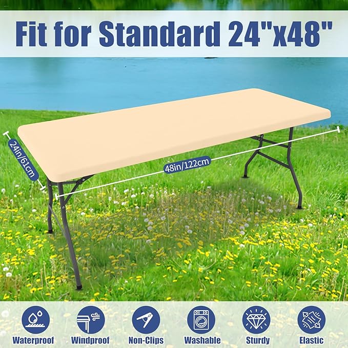 Spandex 4 Foot Rectangle Table Cloth 2 Pack, Elastic Fitted Tablecloths for Picnic, Stretch Washable Patio Table Cover for Outdoor, Camping, Banquet and Parties (Ivory, 24"x48")