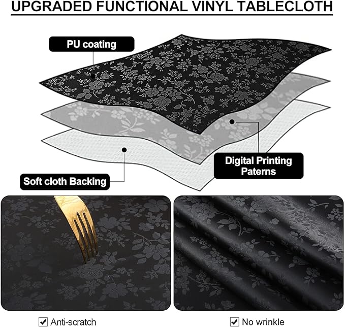 Smiry Rectangle Table Cloth, Waterproof Heavy Duty Vinyl Tablecloths, Wipeable Washable Table Cover for Kitchen and Dining Room (Black, 70" X 108")