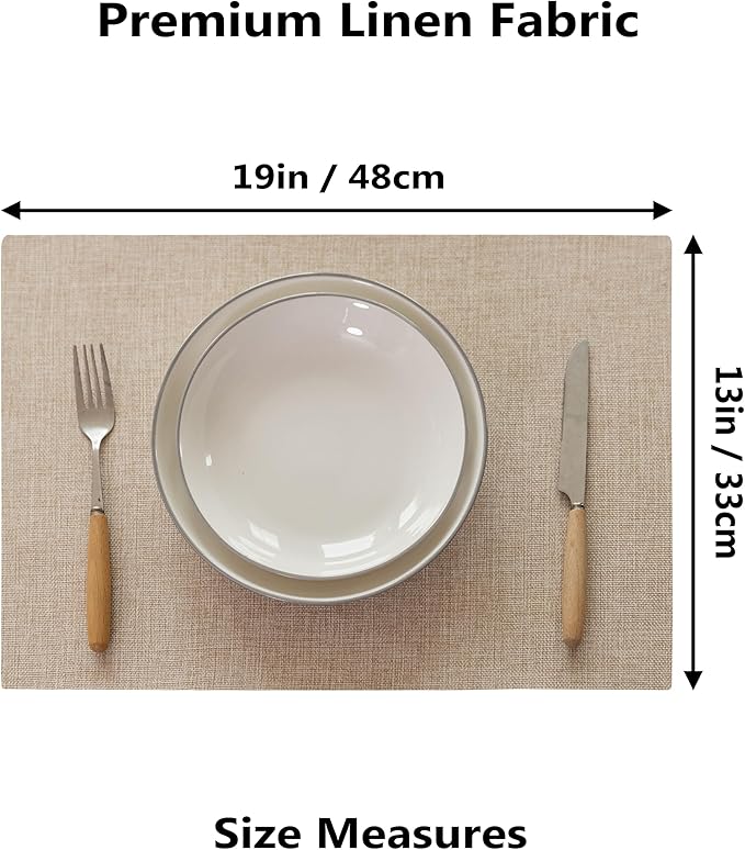 Demetex Linen Placemats Set of 8 Modern Beige Place Mats Heat Resistant Washable Table Placemat for Dining Room Restaurant Indoor, 13x19 inch, Light Linen