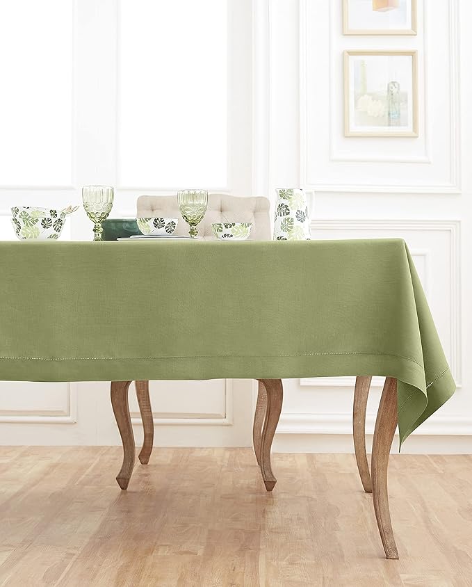 Solino Home Moss Green Linen Tablecloth 60 x 120 Inch - Classic Hemstitch, 100% Pure Linen Rectangular Tablecloth - Machine Washable Table Cloth for Winter, Spring, Easter, St Patricks Day