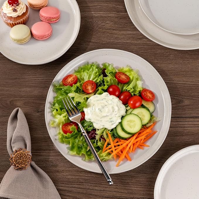 AmorArc Ceramic Dinnerware Sets for 8, 24 Pieces Handpainted Plates and Bowls Set with Rustic Terracotta Underside, Scratch Resistant Stoneware Dishes Set, Dishwasher & Microwave Safe, Light Beige