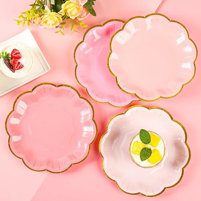 Pink Party Plates Valentines Day Gradient Pink Dessert Paper Plates 7inch Gold Foil Scalloped Edge Disposable Cake Plates for Christmas Birthday Bridal Baby Shower Party Supplies (24)