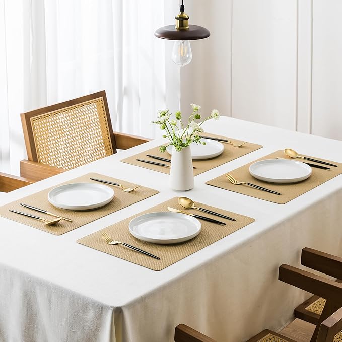 Jovono Faux Leather Placemats Set of 8, Waterproof Washable Table Mats, Easy-Clean Heat Resistant Kitchen Vinyl Place Mat for Dining Table, Restaurant, Indoor, 17.8"x11.8", Yellow