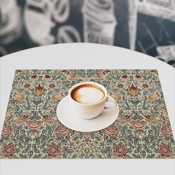 William Morris Placemat Set, Beige Blue Pink Vintage Rustic Art Exotic Ethnic Floral Bird Seamless Pattern Home Decor Linen Table Mats for Dining Room Kitchen Party (17x12in) x2P
