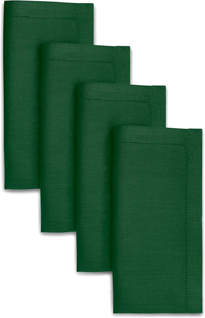 D'Moksha Homes Forest Green Linen Napkins Set of 4 - Classic Hemstitch 100% Pure Linen Hemstitch Dinner Napkins 20 x 20 Inch for St Patricks Day, Easter - Handcrafted and Machine Washable