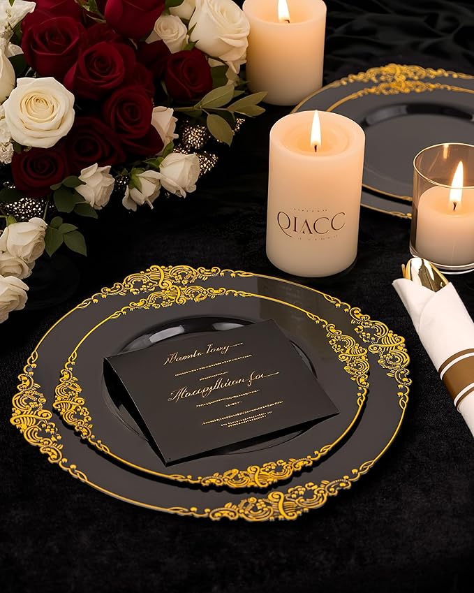 Nervure 100PCS Black and Gold Plastic Plates - 10.25Inch Black Disposable Plates - Black Plastic Dinner Plates for Wedding & Party & New Year