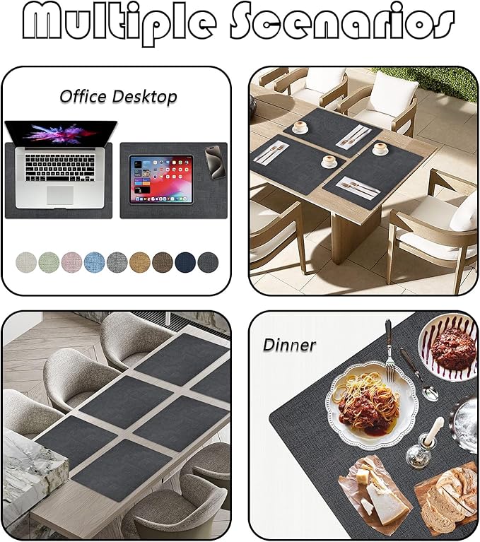 Placemats Set of 6 Faux Leather Heat Resistant Tables Mats Waterproof Oilproof Wipeable Reversible Anti-Slip Place Mats for Kitchen/Dining/Party/Outdoor 11.8" x 16.9", Dark Gray