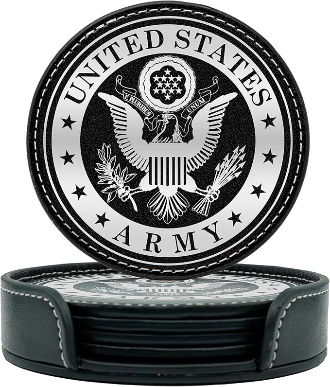 US Army Leather Coaster Set - 4 Premium Coasters with Hot Stamped Foil Logo-Gifts for Soldiers | Disabled Vet Owned Business-US-Army Coaster-Set