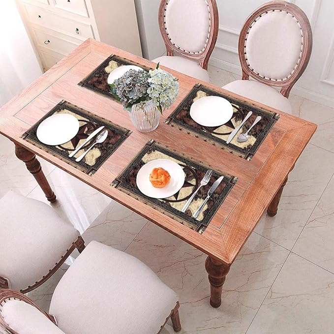 Western Texas Star Placemats Set of 6 Rustic Vintage Country Brown Wood Wipeable Table Mats Reusable Washable PVC Rectangle Place Mats for Kitchen Dining Home Decor 12x18 Inches