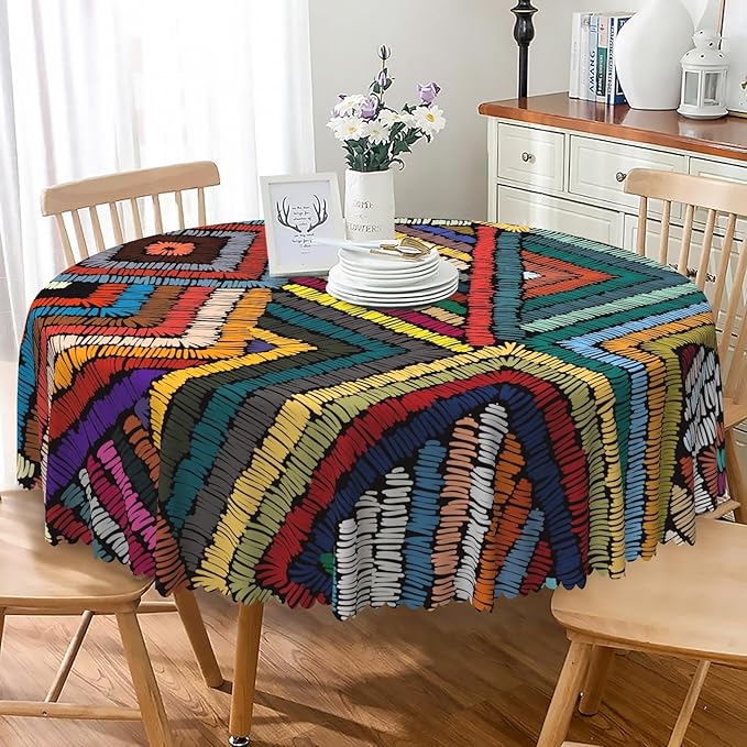 Laeacco 36 Inch Colorful Patchwork Round Tablecloth Woven Geometric Pattern Abstract Art Print Table Cloth Washable Waterproof Wrinkle Free Table Cover for Kitchen Dining Picnic Party Decoration
