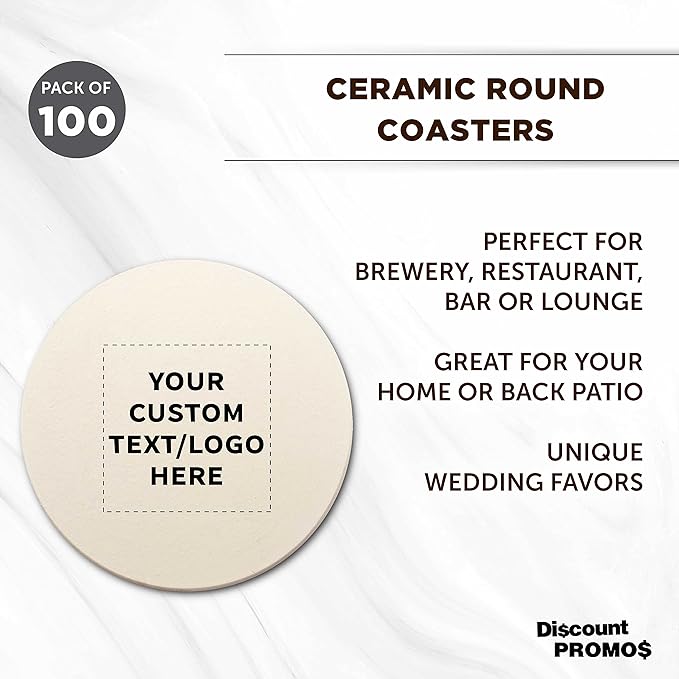 DISCOUNT PROMOS Custom Ceramic Coasters Set of 100, Personalized Bulk Pack - 4 Inches with Cork Bottom Pad, Perfect for Hotel, Bar, Restaurant - Natural
