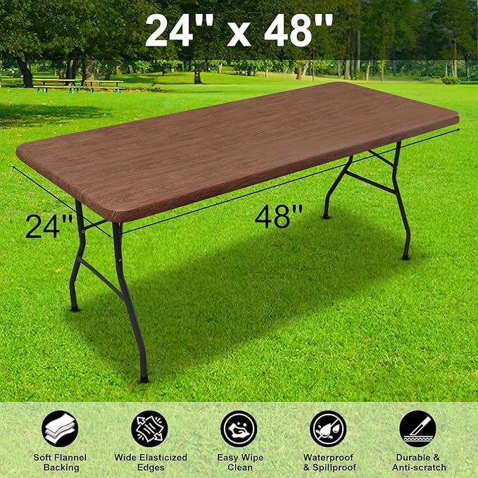 Smiry Rectangle Table Cloth Cover, Waterproof Elastic Fitted Picnic Tablecloth for 4 Foot Tables, Wipeable Flannel Backed Vinyl Tablecloths for Camping, Dining, Outdoor (Brown, 24" x 48")