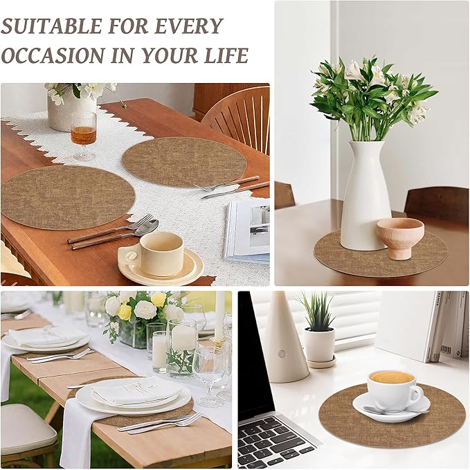 13" Round Placemats Set of 4, Reversible Faux Leather Heat Resistant Table Mats, Waterproof Oilproof Wipeable Table Protective Placemats for Vinyl, Washable for Indoor & Outdoor Use (4, Light Brown)