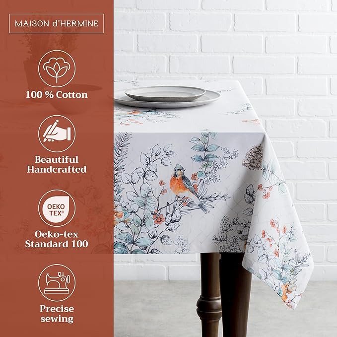 Maison d' Hermine Table Cloth Square Table 100% Cotton 54 x 54 Inches Fall Tablecloth Reusable Everyday Use for Thanksgiving Christmas Decorations Dining Farmhouse Party (Whitish Shabby Chique)