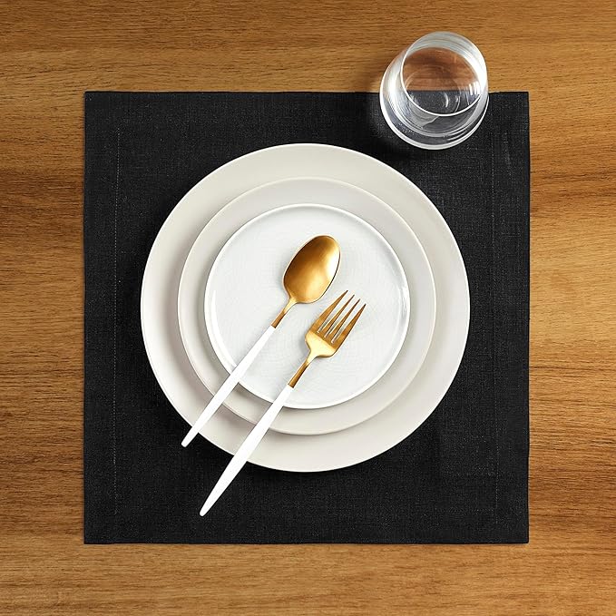 Solino Home Black Placemats Set of 4-100% Pure Linen Placemats 14 x 14 Inch for Winter, Easter - Fete, Handcrafted and Machine Washable