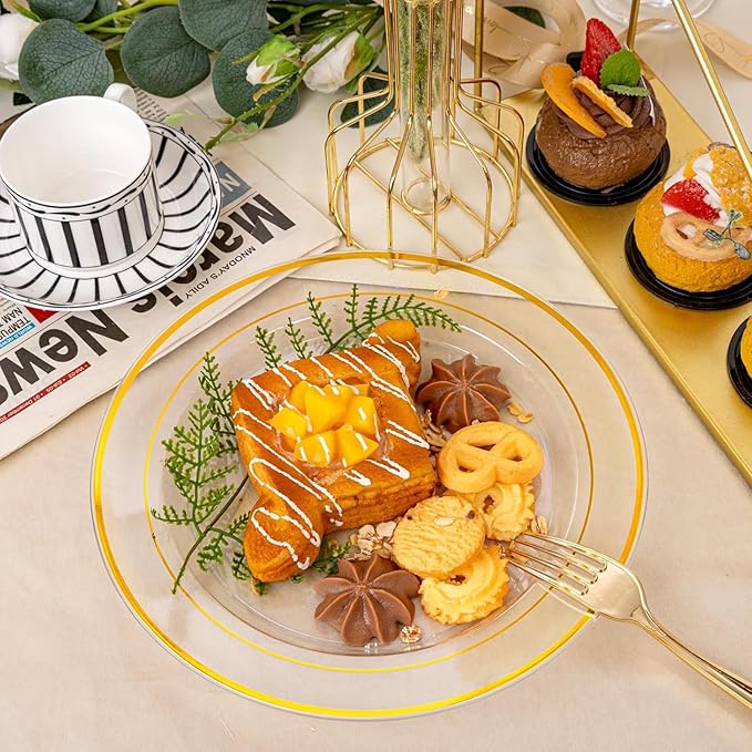I00000 60PCS Clear Gold Plastic Plates, Clear Plates With Gold Rim 10 Inch,Fancy Disposable Wedding Plate Heavy Duty Plastic Plate for Birthday, Wedding & Party
