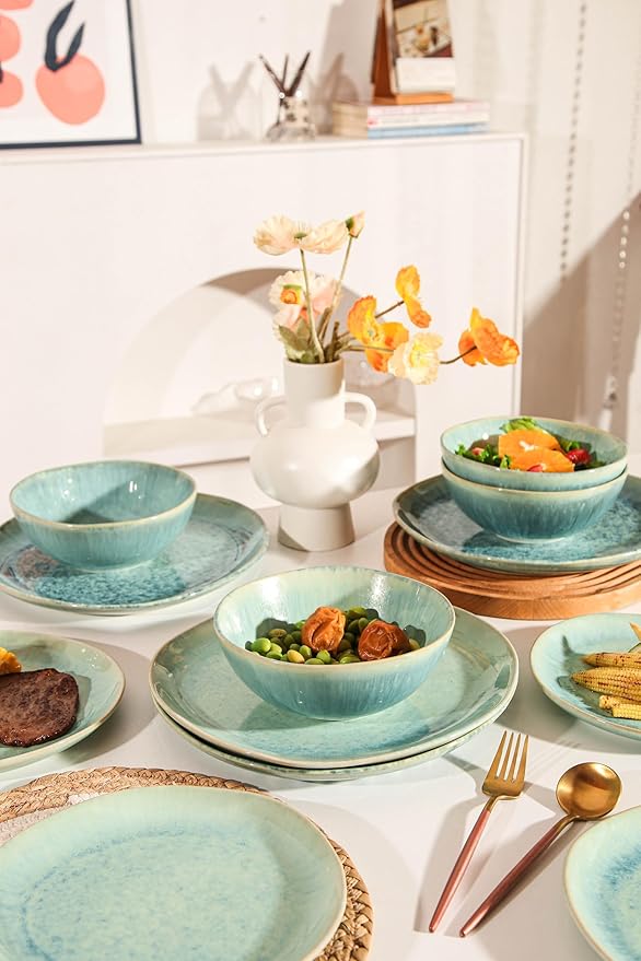 Modern Plates and Bowls Sets 12-Piece Ceramic Dinnerware Set for 4 Blue Kitchen Plates and Bowls Microwave Dishwasher and Oven Safe Stackable Tableware Dinnerware Sets for Everyday Use