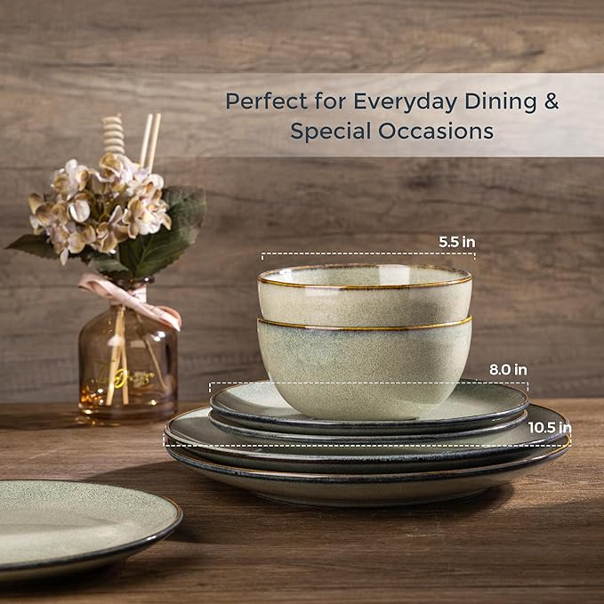 AmorArc Ceramic Dinnerware Sets for 4, 12 Pieces Handpainted Stoneware Plates and Bowls Set, Scratch Resistant Dishes Set, Dishwasher & Microwave Safe, Reactive Color