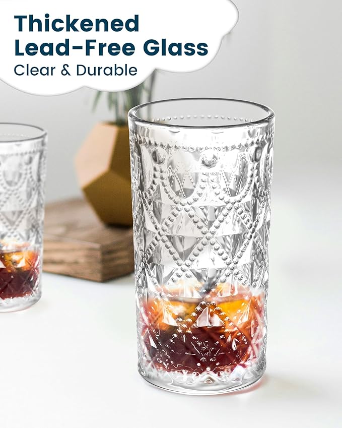 Vintage Diamond-Pattern Drinking Glasses Set of 6 – 14 oz Clear Highball Glass Cups – Embossed Retro Glassware for Water, Cocktails, Juice, Milk – Durable Thick Glass, Dishwasher Safe