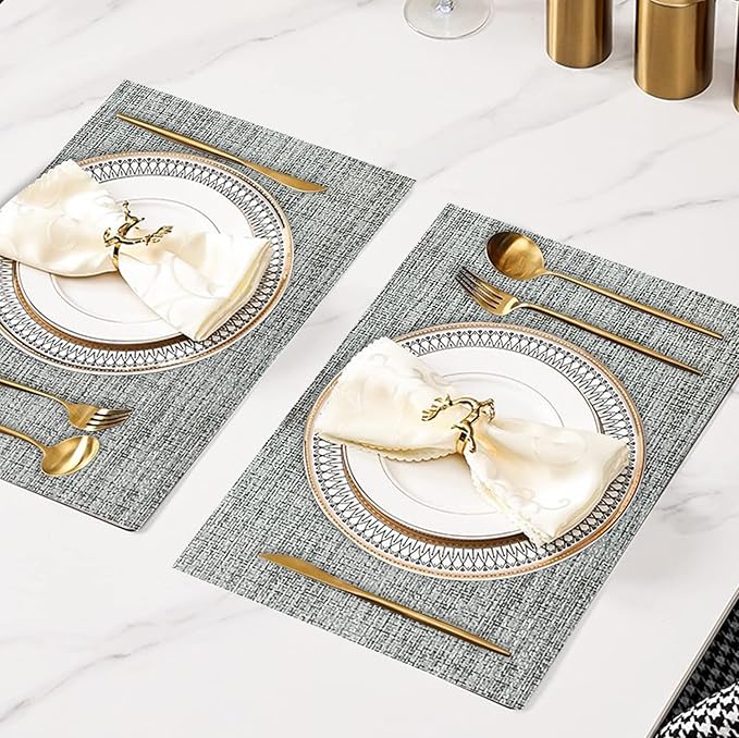 DACHUI Placemats Set of 6, Linen Look Woven Place Mats, Water Resistant, Heat Resistant, Washable, Durable Table Mats (Light Grey)